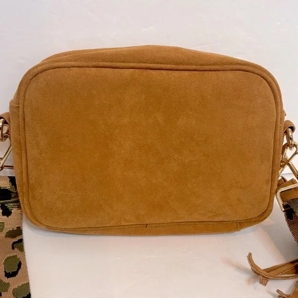 Ah-dorned Tan Faux Suede Leather Zip Top Crossbody Leopard Guitar Strap Bag - Picture 3 of 10